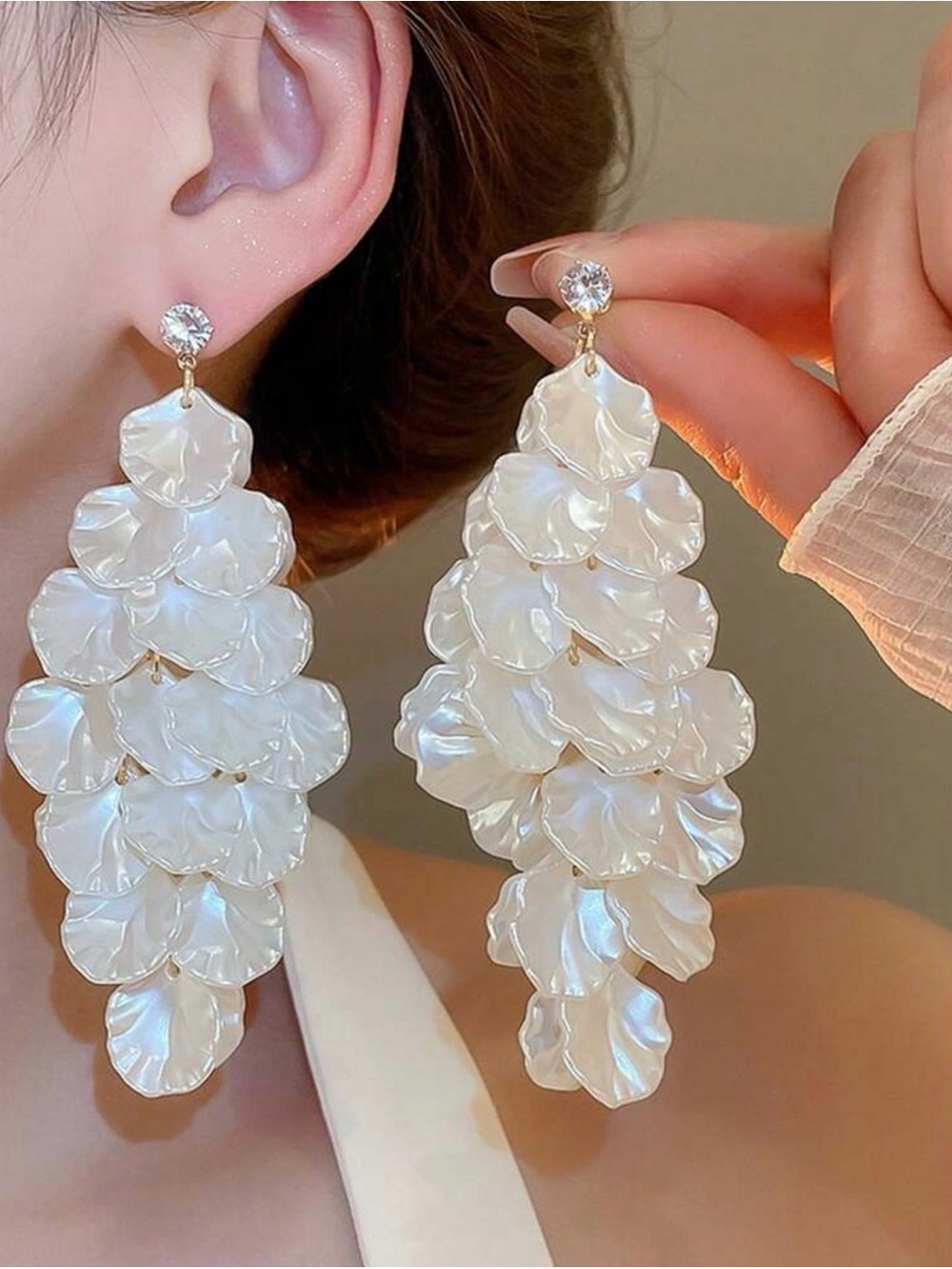 Pearl Petal Cascade Drop Earrings in Iridescent White